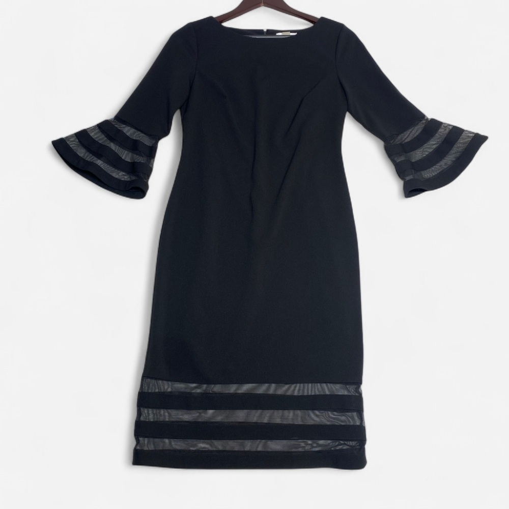Calvin Klein Bell Sleeve Sheath Dress 6 Black Sheer Accents LBD Professional - Picture 1 of 13